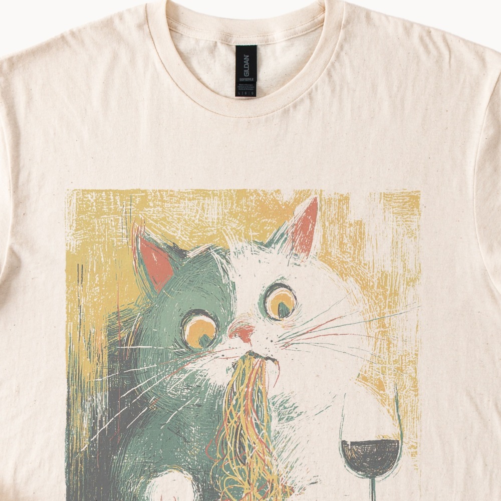 Funny Cat with Pasta Wine Graphic Tee Humorous Sketch Art